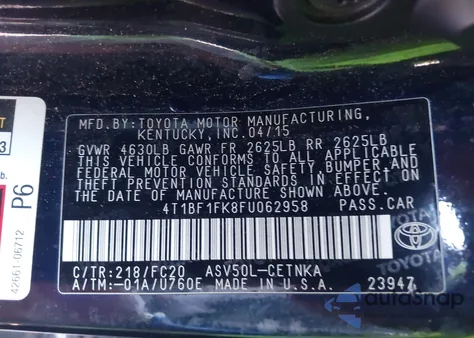 2015 Toyota Camry Le из США, поврежденный, VIN 4T1BF1FK8FU062958